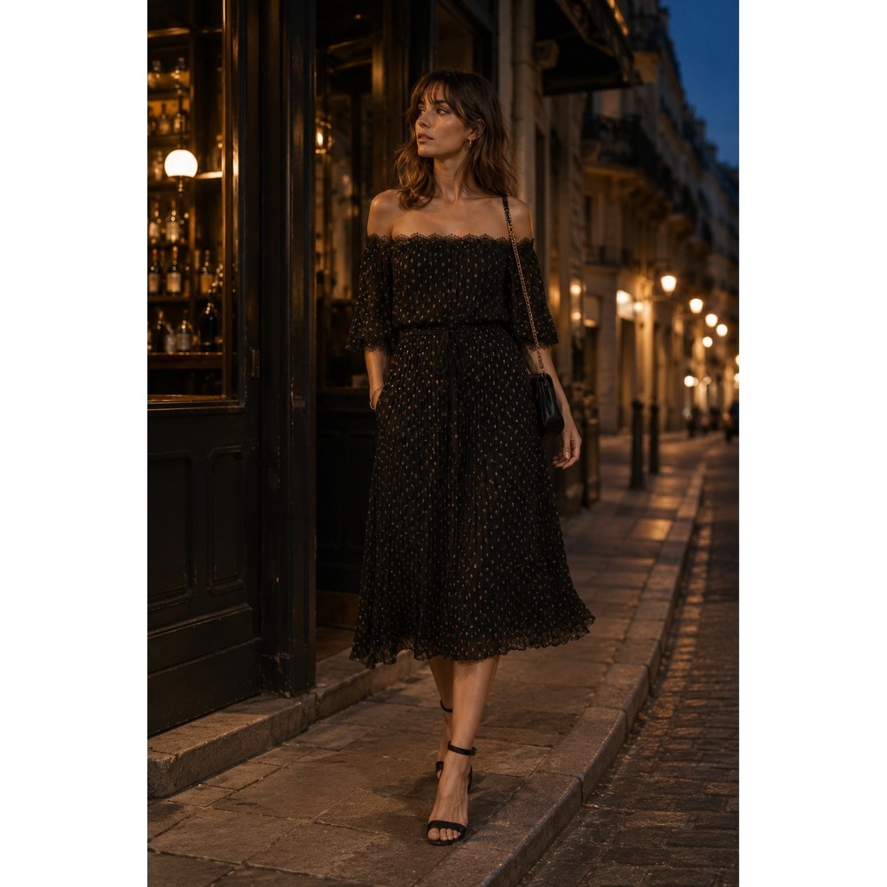 The Kooples Gold Dot Pleated Midi Dress XS Off Shoulder Lace Trim Pockets